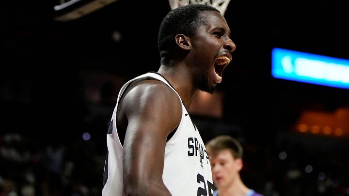 Jul 14, 2025; Las Vegas, NV, USA; San Antonio Spurs forward David Jones-Garcia (25) reacts after scoring against the Utah Jazz during overtime in a NBA basketball game at the Thomas & Mack Center. Mandatory Credit: Lucas Peltier-Imagn Images