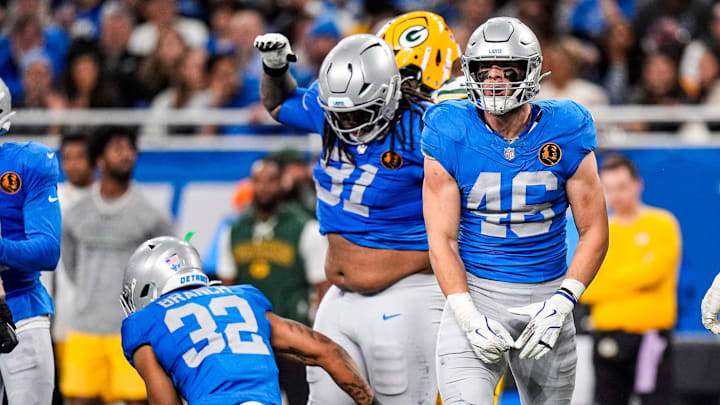 Detroit Lions linebacker Jack Campbell (46) celebrates a tackle against Green Bay Packers during the second half at Ford Field in Detroit on Thursday, Nov. 27, 2025.