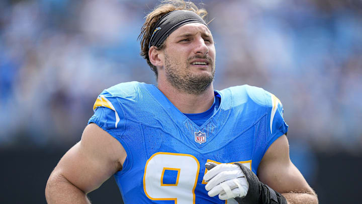 Los Angeles Chargers defensive end Joey Bosa warms up for a game.