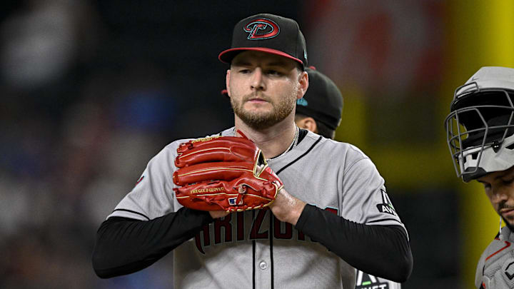 Aug 11, 2025; Arlington, Texas, USA; Arizona Diamondbacks starting pitcher Ryne Nelson (19) during the game between the Texas Rangers and the Arizona Diamondbacks at Globe Life Field. Mandatory Credit: Jerome Miron-Imagn Images