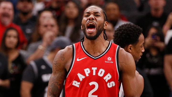 Jan 3, 2019; San Antonio, TX, USA; Toronto Raptors small forward Kawhi Leonard (2) reacts after drawing a foul after scoring a basket against the San Antonio Spurs during the first half at AT&T Center. Mandatory Credit: Soobum Im-USA TODAY Sports