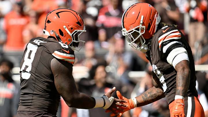 Sep 27, 2026; Cleveland, Ohio, USA; Cleveland Browns defensive end Jared Verse (8) and safety Grant Delpit (9) celebrate after a play against the Carolina Panthers during the first quarter at Huntington Bank Field. Mandatory Credit: Ken Blaze-Imagn Images Sep 27, 2026; Cleveland, Ohio, USA; Cleveland Browns defensive end Jared Verse (8) and safety Grant Delpit (9) celebrate after a play against the Carolina Panthers during the first quarter at Huntington Bank Field. Mandatory Credit: Ken Blaze-Imagn Images