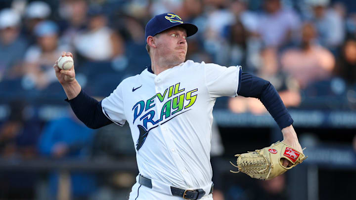 Apr 19, 2025; Tampa, Florida, USA; Tampa Bay Rays pitcher Pete Fairbanks (29) throws a pitch against the New York Yankees in the ninth inning at George M. Steinbrenner Field. 