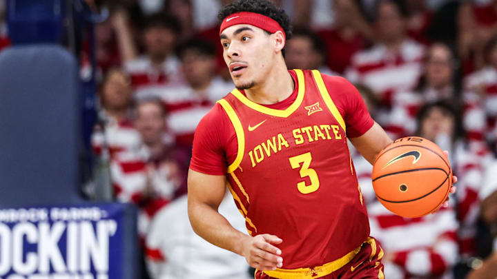 Mar 2, 2026; Tucson, Arizona, USA; Iowa State Cyclones guard Tamin Lipsey (3) dribbles the ball during the first half of the game against the Arizona Wildcats at McKale Memorial Center.