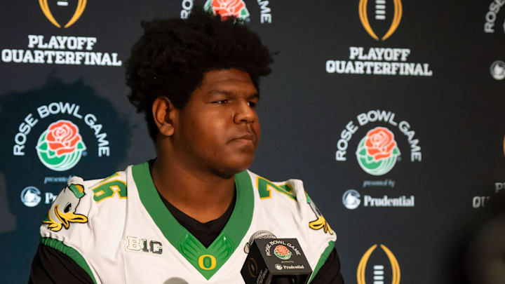 Oregon offensive lineman Josh Conerly Jr. speaks during media day for the Oregon Ducks in Los Angeles ahead of the Rose Bowl Monday, Dec. 30, 2024.