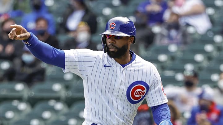 Apr 17, 2021; Chicago, Illinois, USA; Chicago Cubs right fielder Jason Heyward (22) reacts after scoring against the Atlanta Braves during the second inning at Wrigley Field. Mandatory Credit: Kamil Krzaczynski-Imagn Images Apr 17, 2021; Chicago, Illinois, USA; Chicago Cubs right fielder Jason Heyward (22) reacts after scoring against the Atlanta Braves during the second inning at Wrigley Field. Mandatory Credit: Kamil Krzaczynski-Imagn Images