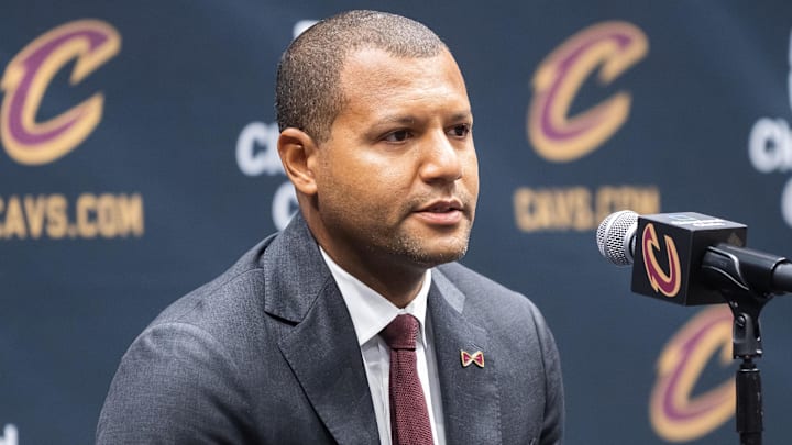 Oct 2, 2023; Cleveland, OH, USA;  Cleveland Cavaliers general manager Koby Altman talks to the media during media day at Rocket Mortgage FieldHouse. Mandatory Credit: Ken Blaze-Imagn Images