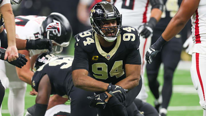 Nov 23, 2025; New Orleans, Louisiana, USA; New Orleans Saints defensive end Cameron Jordan (94) reacts after forcing a fumble against the Atlanta Falcons during the first half at Caesars Superdome. Mandatory Credit: Stephen Lew-Imagn Images Nov 23, 2025; New Orleans, Louisiana, USA; New Orleans Saints defensive end Cameron Jordan (94) reacts after forcing a fumble against the Atlanta Falcons during the first half at Caesars Superdome. Mandatory Credit: Stephen Lew-Imagn Images
