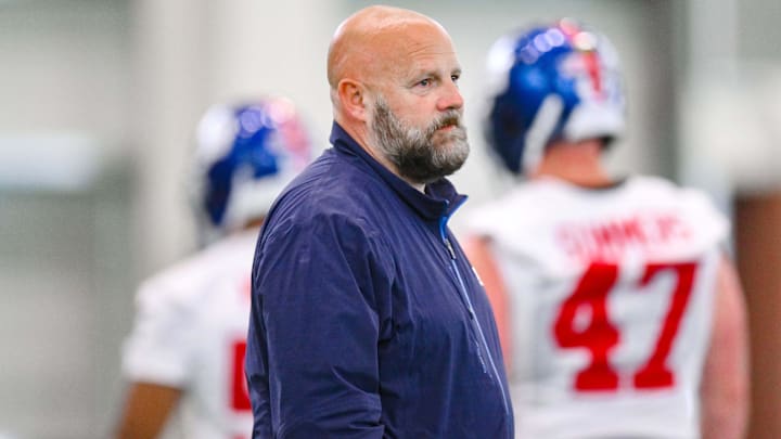 Jun 18, 2025; East Rutherford, NJ, USA; New York Giants head coach Brian Daboll looks on during minicamp at Quest Diagnostics Training Center. Mandatory Credit: John Jones-Imagn Images