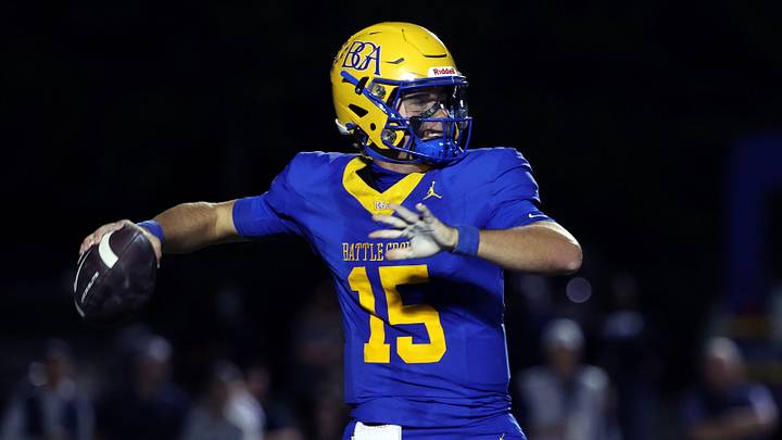 Battle Ground Academy’s Bo Bryan (15) passes the ball during the first half of their game against Franklin Road Academy at Battle Ground Academy Friday, September 24, 2026.