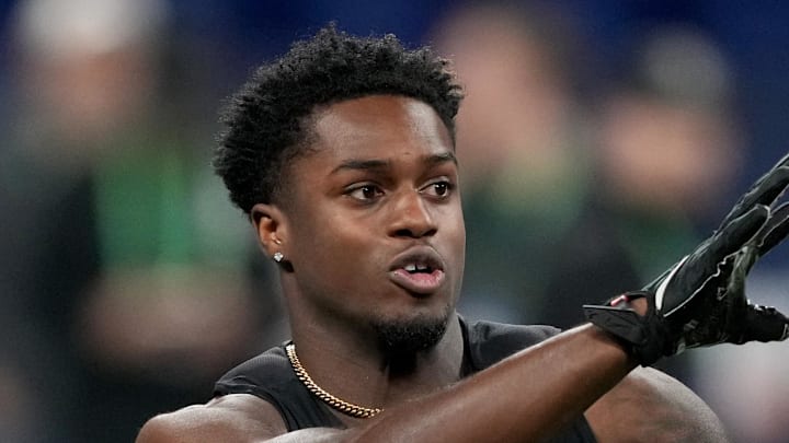 Mar 2, 2024; Indianapolis, IN, USA; Southern California wide receiver Tahj Washington (WO34) during the 2024 NFL Combine at Lucas Oil Stadium. Mandatory Credit: Kirby Lee-Imagn Images