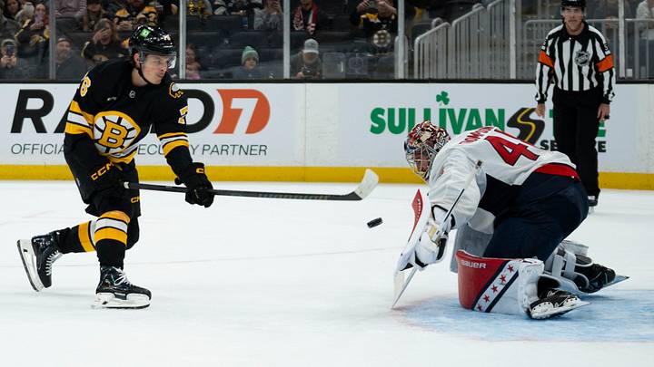 Sep 20, 2026; Boston, Massachusetts, USA; Boston Bruins forward Lukas Reichel (76) makes a shootout attempt against Washington Capitals goaltender Logan Thompson (48) during the game at TD Garden. Mandatory Credit: Natalie Reid-Imagn Images Sep 20, 2026; Boston, Massachusetts, USA; Boston Bruins forward Lukas Reichel (76) makes a shootout attempt against Washington Capitals goaltender Logan Thompson (48) during the game at TD Garden. Mandatory Credit: Natalie Reid-Imagn Images