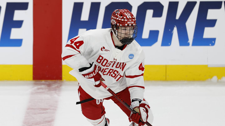 Mar 29, 2025; Toledo, OH, USA; Boston University defenseman Cole Hutson (44) skates with the puck in the third period against the Cornell at Huntington Center. Mandatory Credit: Rick Osentoski-Imagn Images Mar 29, 2025; Toledo, OH, USA; Boston University defenseman Cole Hutson (44) skates with the puck in the third period against the Cornell at Huntington Center. Mandatory Credit: Rick Osentoski-Imagn Images