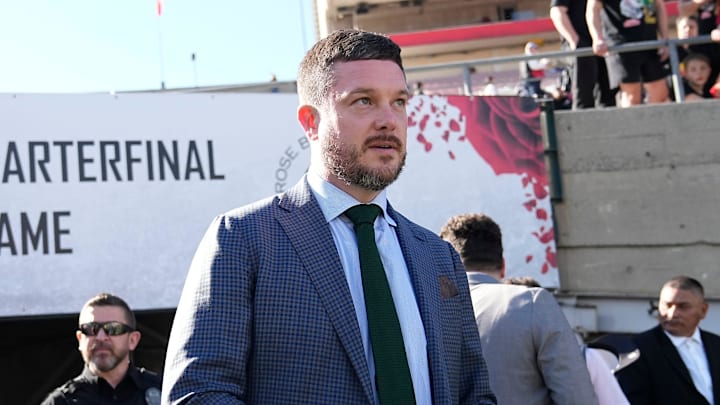 Oregon Ducks head coach Dan Lanning arrives prior to the College Football Playoff quarterfinal against the Ohio State Buckeyes at the Rose Bowl in Pasadena, Calif. on Jan. 1, 2025.