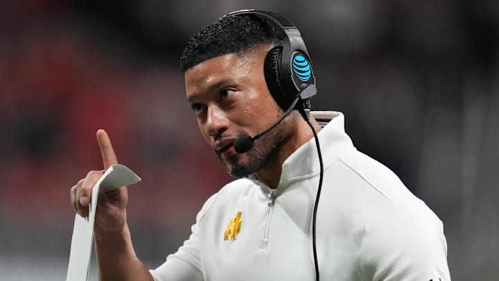 Jan 20, 2025; Atlanta, GA, USA; Notre Dame Fighting Irish head coach Marcus Freeman reacts against the Ohio State Buckeyes in the second half in the CFP National Championship college football game at Mercedes-Benz Stadium. Jan 20, 2025; Atlanta, GA, USA; Notre Dame Fighting Irish head coach Marcus Freeman reacts against the Ohio State Buckeyes in the second half in the CFP National Championship college football game at Mercedes-Benz Stadium.