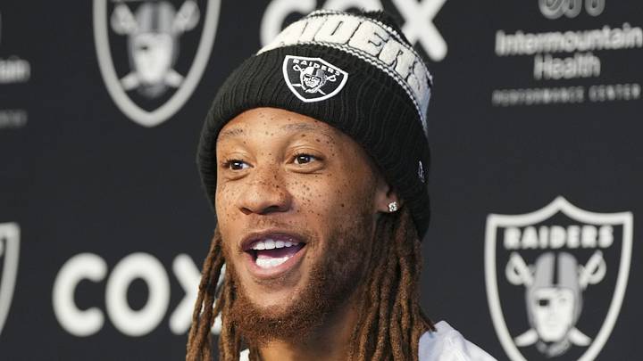 Las Vegas Raiders cornerback Eric Stokes speaks during a news conference during organized team activities.
