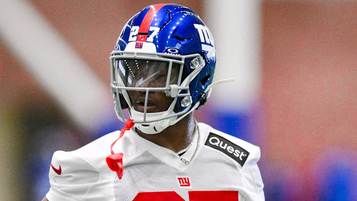 Jun 17, 2025; East Rutherford, NJ, USA; New York Giants safety Tyler Nubin (27) participates in a drill during minicamp at Quest Diagnostics Training Center. Jun 17, 2025; East Rutherford, NJ, USA; New York Giants safety Tyler Nubin (27) participates in a drill during minicamp at Quest Diagnostics Training Center.
