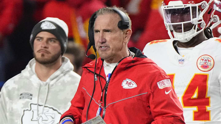 Nov 17, 2024; Orchard Park, New York, USA; Kansas City Chiefs defensive coordinator Steve Spagnuolo looks on from the sideline during the first half against the Buffalo Bills at Highmark Stadium. Mandatory Credit: Gregory Fisher-Imagn Images Nov 17, 2024; Orchard Park, New York, USA; Kansas City Chiefs defensive coordinator Steve Spagnuolo looks on from the sideline during the first half against the Buffalo Bills at Highmark Stadium. Mandatory Credit: Gregory Fisher-Imagn Images
