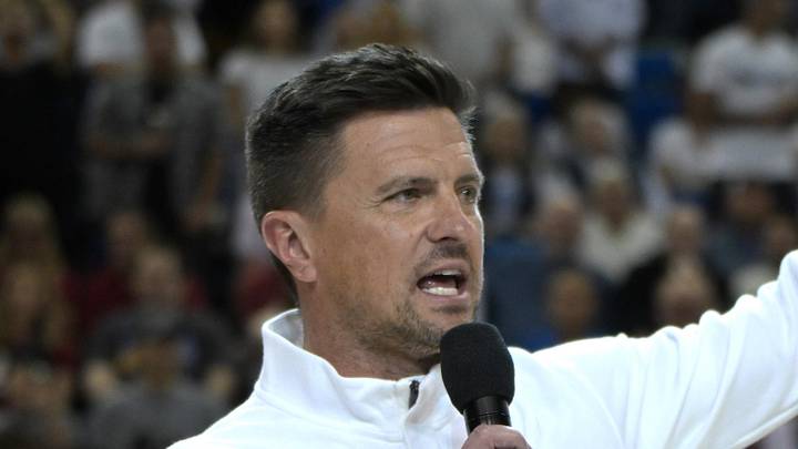 Jan 31, 2026; Los Angeles, California, USA; UCLA Bruins head football coach Bob Chesney is introduced during the basketball game against the Indiana Hoosiers at Pauley Pavilion presented by Wescom Financial. Mandatory Credit: Jayne Kamin-Oncea-Imagn Images