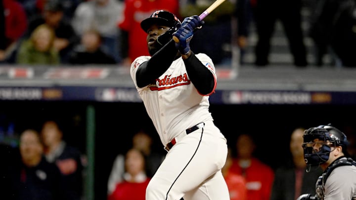 Oct 17, 2024; Cleveland, Ohio, USA; Cleveland Guardians outfielder Jhonkensy Noel (43) hits a two-run home run during the ninth inning against the New York Yankees in game 3 of the American League Championship Series at Progressive Field. Mandatory Credit: Ken Blaze-Imagn Images Oct 17, 2024; Cleveland, Ohio, USA; Cleveland Guardians outfielder Jhonkensy Noel (43) hits a two-run home run during the ninth inning against the New York Yankees in game 3 of the American League Championship Series at Progressive Field. Mandatory Credit: Ken Blaze-Imagn Images
