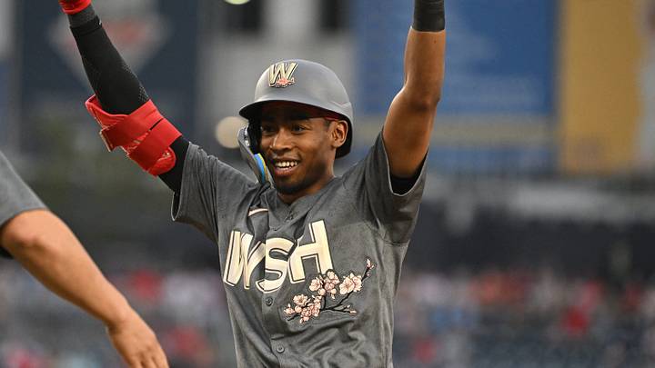 Washington, District of Columbia, USA; Washington Nationals second baseman Darren Baker (10) reacts after hitting a single against the Philadelphia Phillies during the ninth inning at Nationals Park. Mandatory Credit: Rafael Suanes-Imagn Images