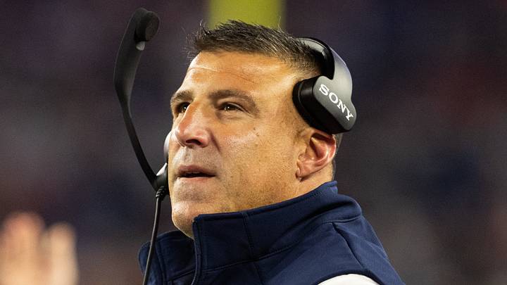 Aug 22, 2026; Foxborough, Massachusetts, USA;  New England Patriots head coach Mike Vrabel looks on in the first half against the Philadelphia Eagles at Gillette Stadium.  Mandatory Credit: Edward Finan-Imagn Images