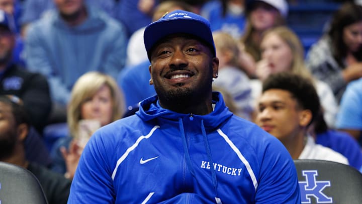 Oct 11, 2025; Lexington, KY, USA; Former Kentucky Wildcat and NBA player John Wall watches the action from the bench during Big Blue Madness at Rupp Arena at Central Bank Center. Mandatory Credit: Jordan Prather-Imagn Images