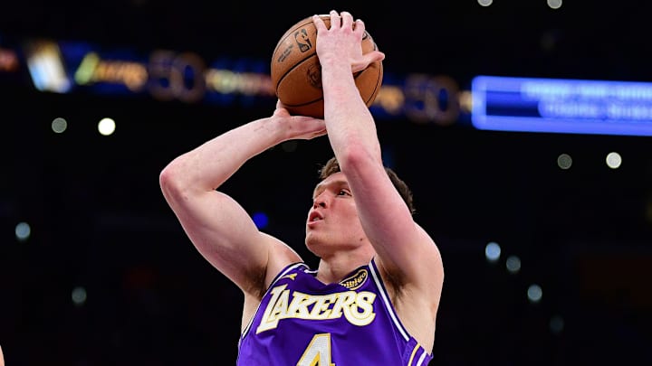Jan 9, 2026; Los Angeles, California, USA; Los Angeles Lakers forward Dalton Knecht (4) shoots against the Milwaukee Bucks during the second half at Crypto.com Arena. Mandatory Credit: Gary A. Vasquez-Imagn Images Jan 9, 2026; Los Angeles, California, USA; Los Angeles Lakers forward Dalton Knecht (4) shoots against the Milwaukee Bucks during the second half at Crypto.com Arena. Mandatory Credit: Gary A. Vasquez-Imagn Images