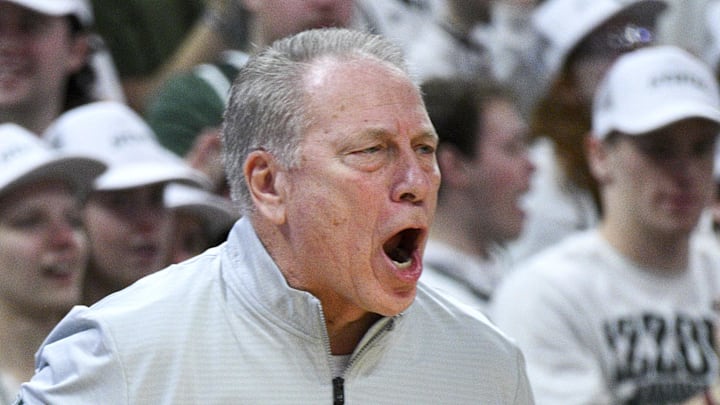 Jan 24, 2026; East Lansing, Michigan, USA; Michigan State Spartans head coach Tom Izzo reacts during the first half against the Maryland Terrapins at Jack Breslin Student Events Center. Jan 24, 2026; East Lansing, Michigan, USA; Michigan State Spartans head coach Tom Izzo reacts during the first half against the Maryland Terrapins at Jack Breslin Student Events Center.