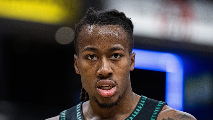 Minnesota Timberwolves guard Ayo Dosunmu (13) looks on in the second half against the Indiana Pacers at Gainbridge Fieldhouse on Apr 7, 2026.