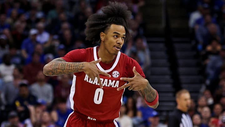 Mar 29, 2025; Newark, NJ, USA; Alabama Crimson Tide guard Labaron Philon (0) celebrates after a play during the first half against the Duke Blue Devils in the East Regional final of the 2025 NCAA tournament at Prudential Center. Mandatory Credit: Vincent Carchietta-Imagn Images