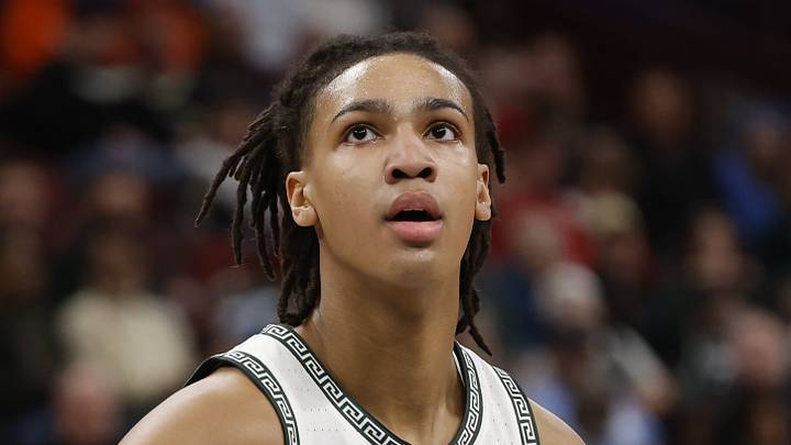 Michigan State's Jordan Scott watches a free throw go up during a Big Ten Tournament quarterfinal against UCLA at the United Center on Friday, March 13, 2026. Michigan State's Jordan Scott watches a free throw go up during a Big Ten Tournament quarterfinal against UCLA at the United Center on Friday, March 13, 2026.