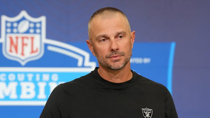 Feb 24, 2026; Indianapolis, IN, USA; Las Vegas Raiders general manager John Spytek speaks at the NFL Scouting Combine at the Indiana Convention Center. Mandatory Credit: Kirby Lee-Imagn Images Feb 24, 2026; Indianapolis, IN, USA; Las Vegas Raiders general manager John Spytek speaks at the NFL Scouting Combine at the Indiana Convention Center. Mandatory Credit: Kirby Lee-Imagn Images