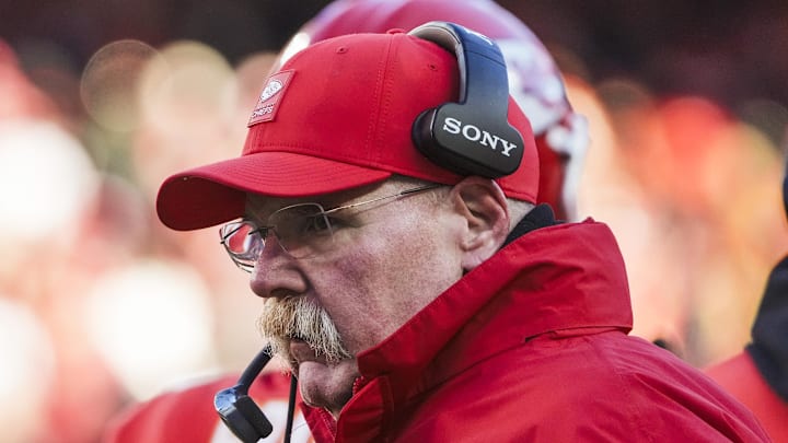 Dec 14, 2025; Kansas City, Missouri, USA; Kansas City Chiefs head coach Andy Reid stands on the sideline during the fourth quarter against the Los Angeles Chargers at GEHA Field at Arrowhead Stadium. Mandatory Credit: Denny Medley-Imagn Images