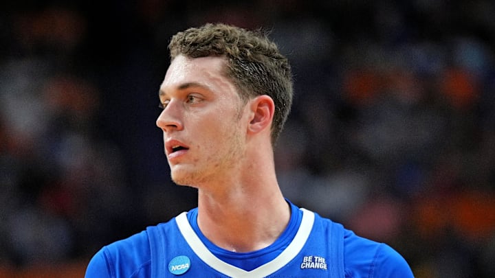Mar 22, 2025; Lexington, KY, USA;  Creighton Bluejays center Ryan Kalkbrenner (11) looks on during the first half against the Auburn Tigers in the second round to the NCAA Tournament at Rupp Arena. Mandatory Credit: Aaron Doster-Imagn Images