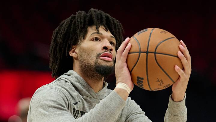 Portland Trail Blazers guard Shaedon Sharpe warms up before game four of the first round of the 2026 NBA Playoffs. Portland Trail Blazers guard Shaedon Sharpe warms up before game four of the first round of the 2026 NBA Playoffs.