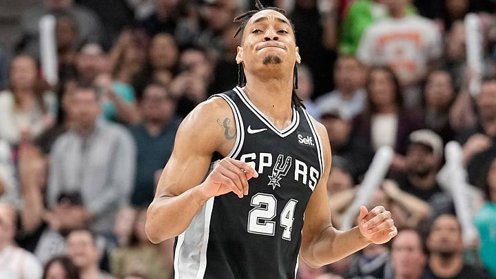 Feb 2, 2024; San Antonio, Texas, USA; San Antonio Spurs guard Devin Vassell (24) reacts after missing a potential game winning shot at the buzzer against the New Orleans Pelicans at Frost Bank Center. Mandatory Credit: Scott Wachter-USA TODAY Sports