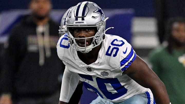 Sep 28, 2025; Arlington, Texas, USA; Dallas Cowboys linebacker Shemar James (50) lines up during the game between the Dallas Cowboys and the Green Bay Packers at AT&T Stadium. Sep 28, 2025; Arlington, Texas, USA; Dallas Cowboys linebacker Shemar James (50) lines up during the game between the Dallas Cowboys and the Green Bay Packers at AT&T Stadium.