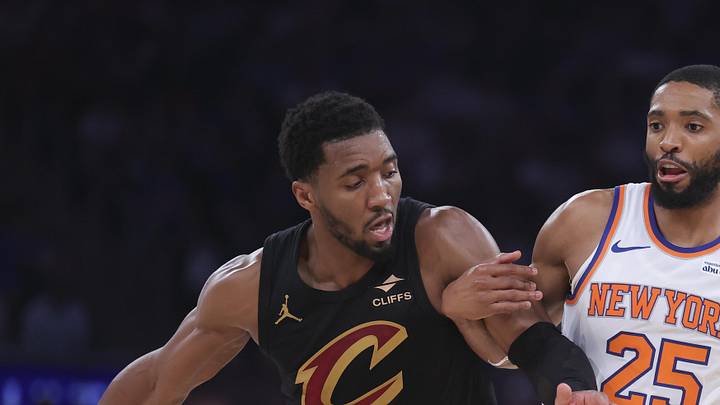 Cleveland Cavaliers guard Donovan Mitchell (45) defends against New York Knicks guard Mikal Bridges (25) during the third quarter of game one of the eastern conference finals during the 2026 NBA playoffs at Madison Square Garden. 