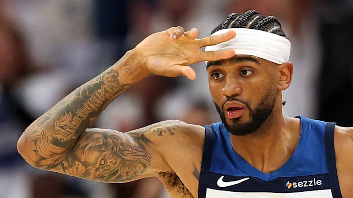 Nickeil Alexander-Walker #9 of the Minnesota Timberwolves reacts against the Golden State Warriors during the 2025 NBA Playoffs.