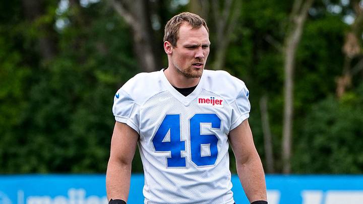 Detroit Lions linebacker Jack Campbell (46) warms up before practice during mini camp at Meijer Performance Center in Allen Park on Wednesday, June 17, 2026.