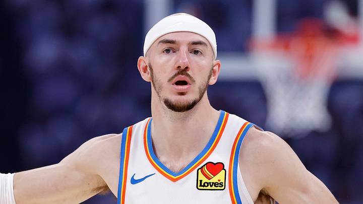 May 26, 2026; Oklahoma City, Oklahoma, USA; Oklahoma City Thunder guard Alex Caruso (9) reacts after a basket during the first quarter against the San Antonio Spurs in game five of the western conference finals for the 2026 NBA playoffs at Paycom Center. Mandatory Credit: Alonzo Adams-Imagn Images