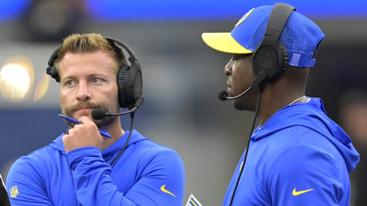 Sep 17, 2023; Inglewood, California, USA; Los Angeles Rams head coach Sean McVay stands next to defensive coordinator Raheem Morris in the second half against the San Francisco 49ers at SoFi Stadium. Mandatory Credit: Jayne Kamin-Oncea-Imagn Images Sep 17, 2023; Inglewood, California, USA; Los Angeles Rams head coach Sean McVay stands next to defensive coordinator Raheem Morris in the second half against the San Francisco 49ers at SoFi Stadium. Mandatory Credit: Jayne Kamin-Oncea-Imagn Images