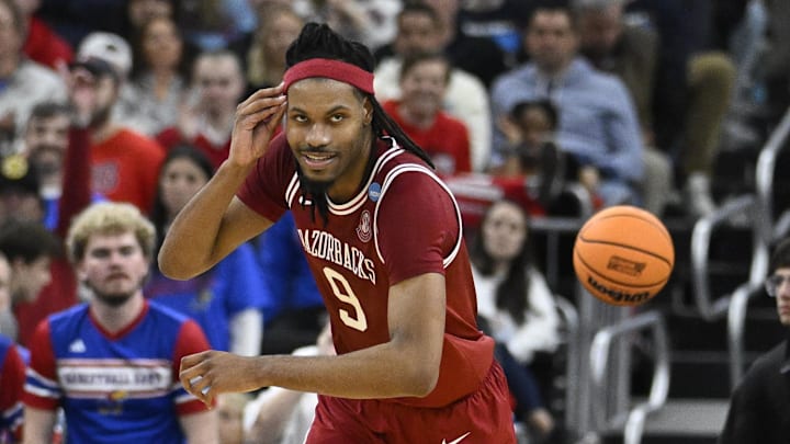Arkansas Razorbacks forward Jonas Aidoo (9) reacts during the first half against the Kansas Jayhawks at Amica Mutual Pavilion.