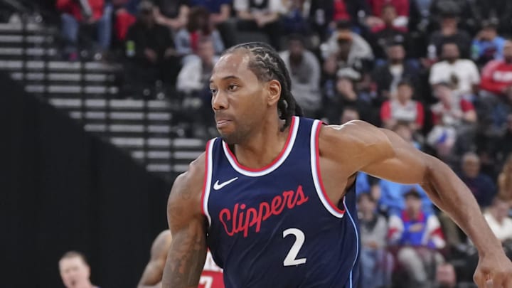 Apr 9, 2025; Inglewood, California, USA; Los Angeles Clippers guard Kawhi Leonard (2) dribbles against the Houston Rockets in the first half at Intuit Dome. Mandatory Credit: Kirby Lee-Imagn Images