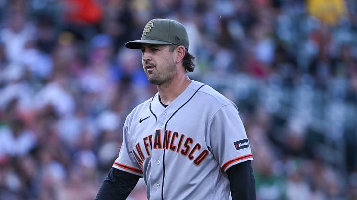 West Sacramento, California, USA; San Francisco Giants pitcher Tyler Mahle (54) walks off the mound after retiring the last batter of the first inning in the game against the Athletics at Sutter Health Park. Mandatory Credit: Ed Szczepanski-Imagn Images