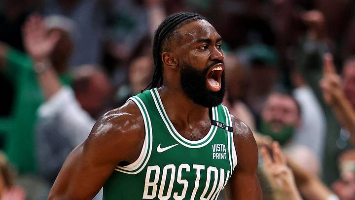 Jun 17, 2024; Boston, Massachusetts, USA; Boston Celtics guard Jaylen Brown (7) celebrates after making a three pointer against the Dallas Mavericks in game five of the 2024 NBA Finals at TD Garden. Mandatory Credit: Peter Casey-Imagn Images