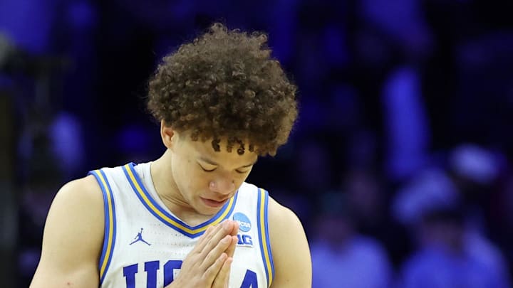 Mar 20, 2026; Philadelphia, PA, USA; UCLA Bruins guard Trent Perry (0) reacts after defeating the UCF Knights during a first round game of the men's 2026 NCAA Tournament at Xfinity Mobile Arena. Mandatory Credit: Bill Streicher-Imagn Images