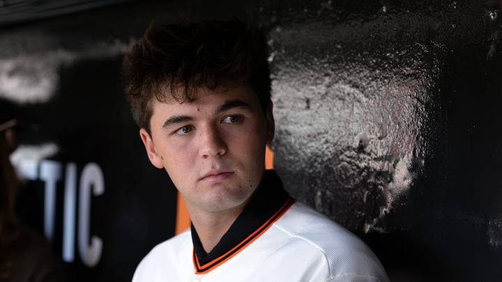 San Francisco, California, USA; San Francisco Giants first round draft pick Jackson Flora meets with the media before the Giants take on the Milwaukee Brewers at Oracle Park. Mandatory Credit: D. Ross Cameron-Imagn Images