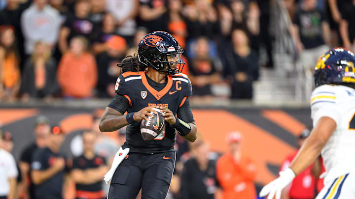 Aug 30, 2025; Corvallis, Oregon, USA; Oregon State Beavers quarterback Maalik Murphy (6) throws the ball during the first quarter against the California Golden Bears at Reser Stadium. Mandatory Credit: Craig Strobeck-Imagn Images